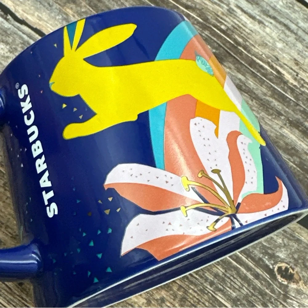 Starbucks Ceramic Bunny Easter Mug Blue Flowers 2020 Coffee Cup Wide Base 14oz